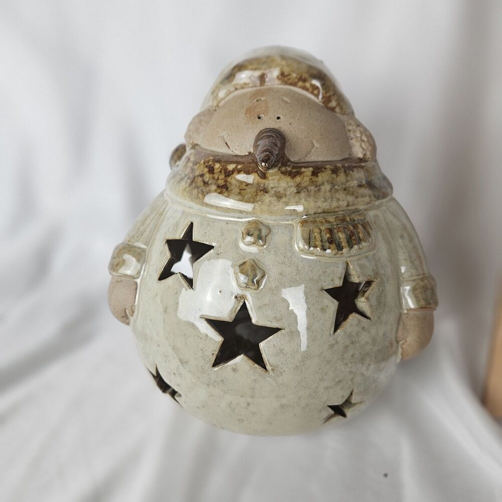 Rustic Snowman Tea Light Candle Holder Ceramic Glazed Finish Stars Cutout
